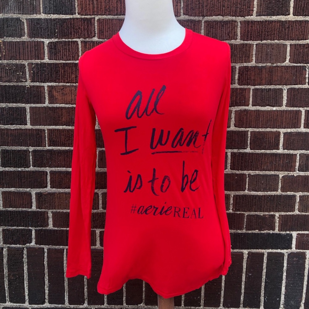 Aerie Long Sleeve Red Graphic Tee